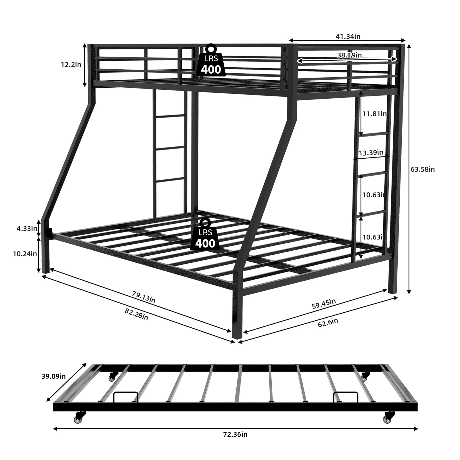 Miniyam Twin over Full Metal Bunk Bed with Trundle, Square Tube Frame, Space Saving Bunk Bed with Ladder, Black