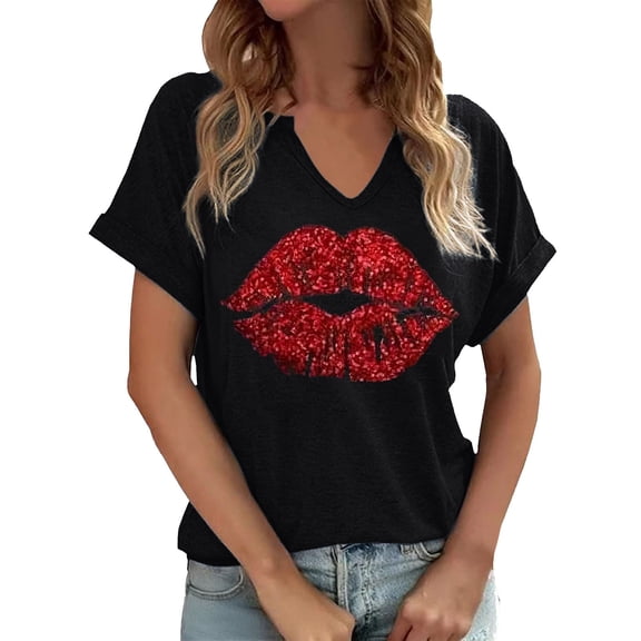 SJLDQY Women's Tshirts Short Sleeve T-Shirts for Women Casual V Neck Lips Graphic Breathable Tee Tops