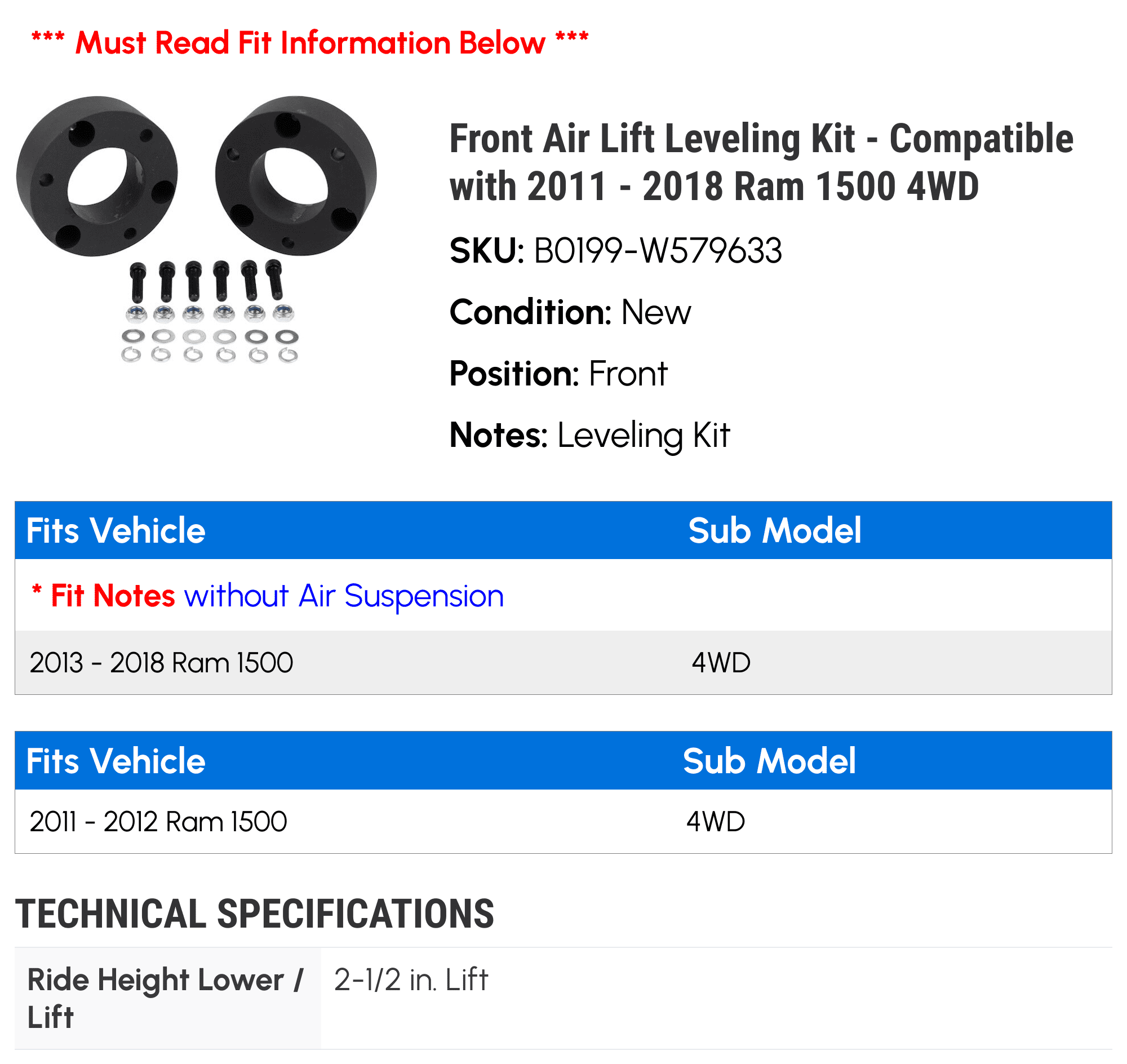 Front Air Lift Leveling Kit - Compatible with 2011 - 2018 Ram 1500 4WD 2012 2013 2014 2015 2016 2017