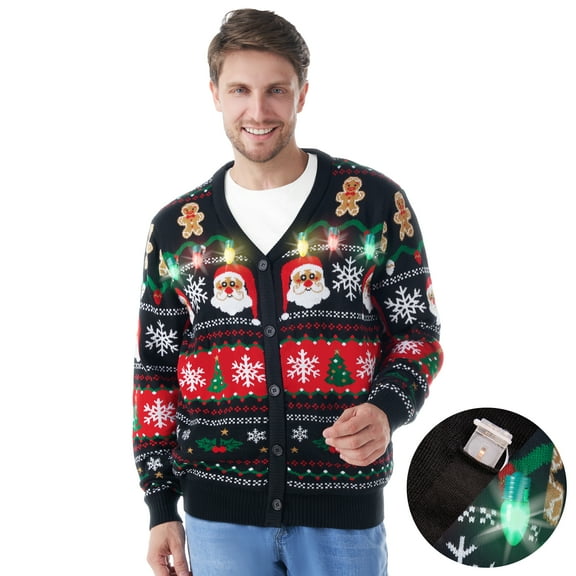 Joyfy Ugly Christmas Sweater Cardigan Men, LED Light Up Ugly Sweater, Adult Mens Ugly Christmas Sweater with Light Bulbs, Cute Funny Glowing V Neck Cardigan Sweater, XL