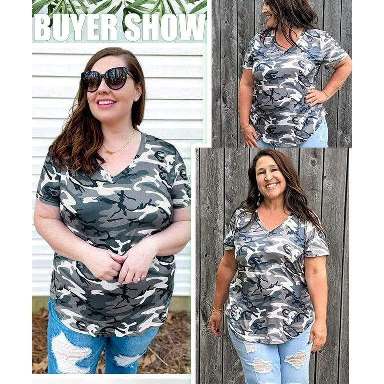 TIYOMI Camo Plus Size Women Tops Short Sleeve Shirts Basic V-Neck Pullover  Army Green T-Shirts Tunics Casual Loose Fit Blouses 5XL 26W 28W