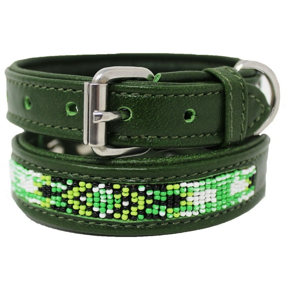 Small 13''- 17'' Soft Genuine Leather Beaded Padded Dog Puppy Collar  60RT10GR