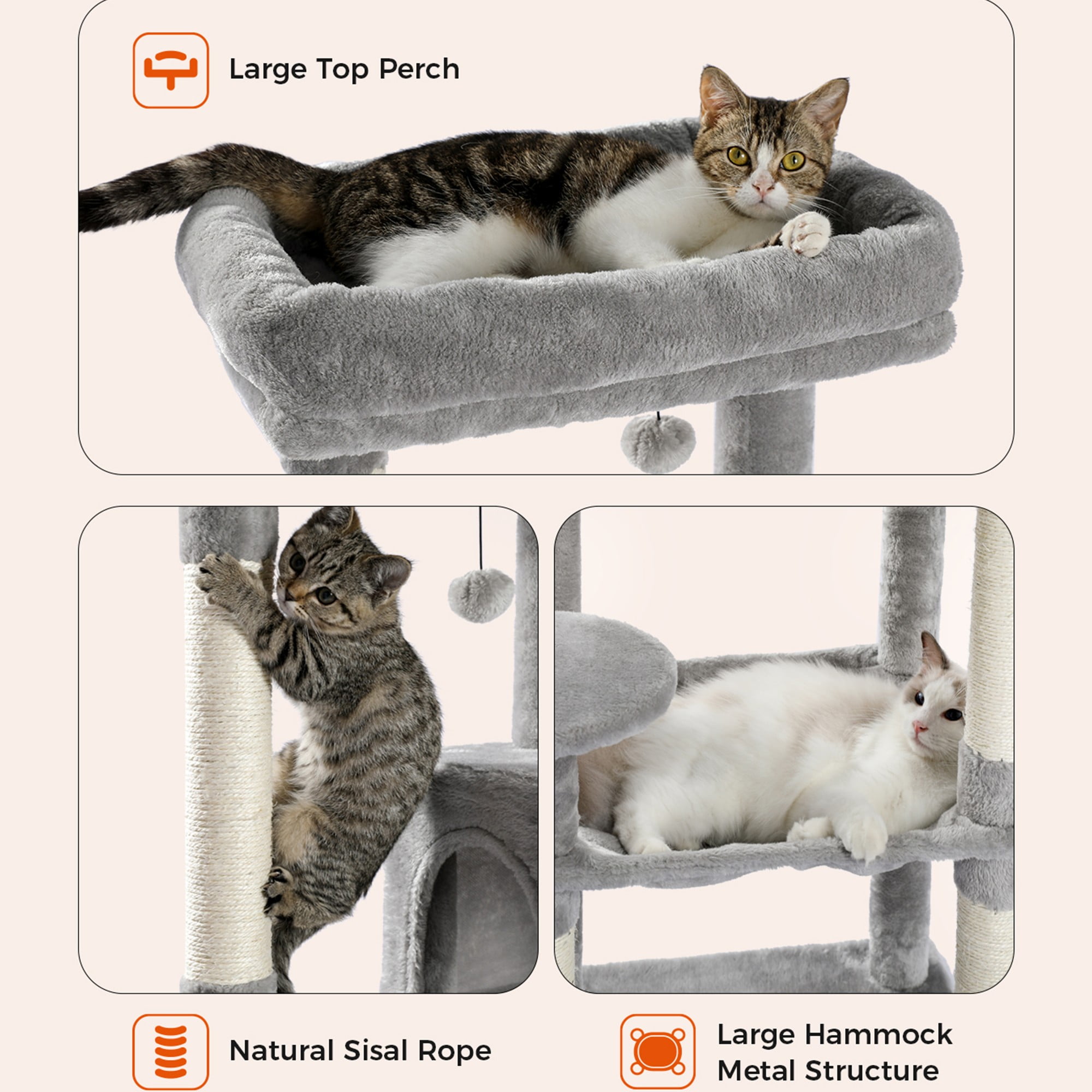 Kadyn 56" Multi-Level Cat Tree Tower for Indoor Cats with Sisal Scratching Posts, Cozy Cat Condo, Large Hammock and Plush Perches Cat Tree House for Large Cats, Dark Gray
