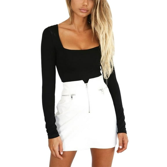 Fashion Women's Long Sleeve Solid Square-Neck Blouse Long Top Loose T-shirt