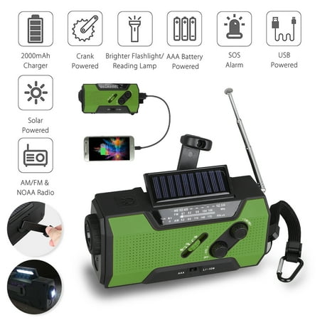 Solar Weather Radio, EEEKit Hand Crank Self Powered Emergency FM/AM Radio Table Lamp LED Flashlight with 2000mAh Rechargeable Battery and Carabiner for Home