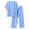 thumbnail image 5 of ibuvkizy Women's 2 Piece Casual Outfit Set V Neck Button Front Short Sleeve Tops with Lace Trim & Elastic Waist Cropped Wide Leg Pants with Pockets,Lightweight Linen Blend Summer Matching Suit, 5 of 9
