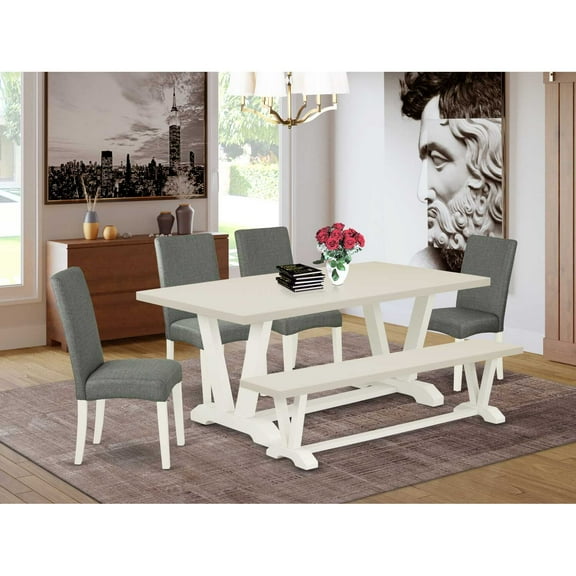 East West Furniture V-Style 6-piece Wood Dining Set in Linen White/Gray Smoke