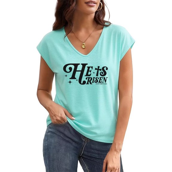 UNISHE Womens He Is Risen Religious Scripture Print T Shirt Sleeveless V Neck Tees Church Casual Tank Top Blue, 5XL