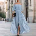 thumbnail image 2 of Women's Off The Shoulder Maxi Dress, Sexy Pleated Chiffon Evening Gown with High Slit, Elegant Puff Sleeve Formal Party Dress, 2 of 4