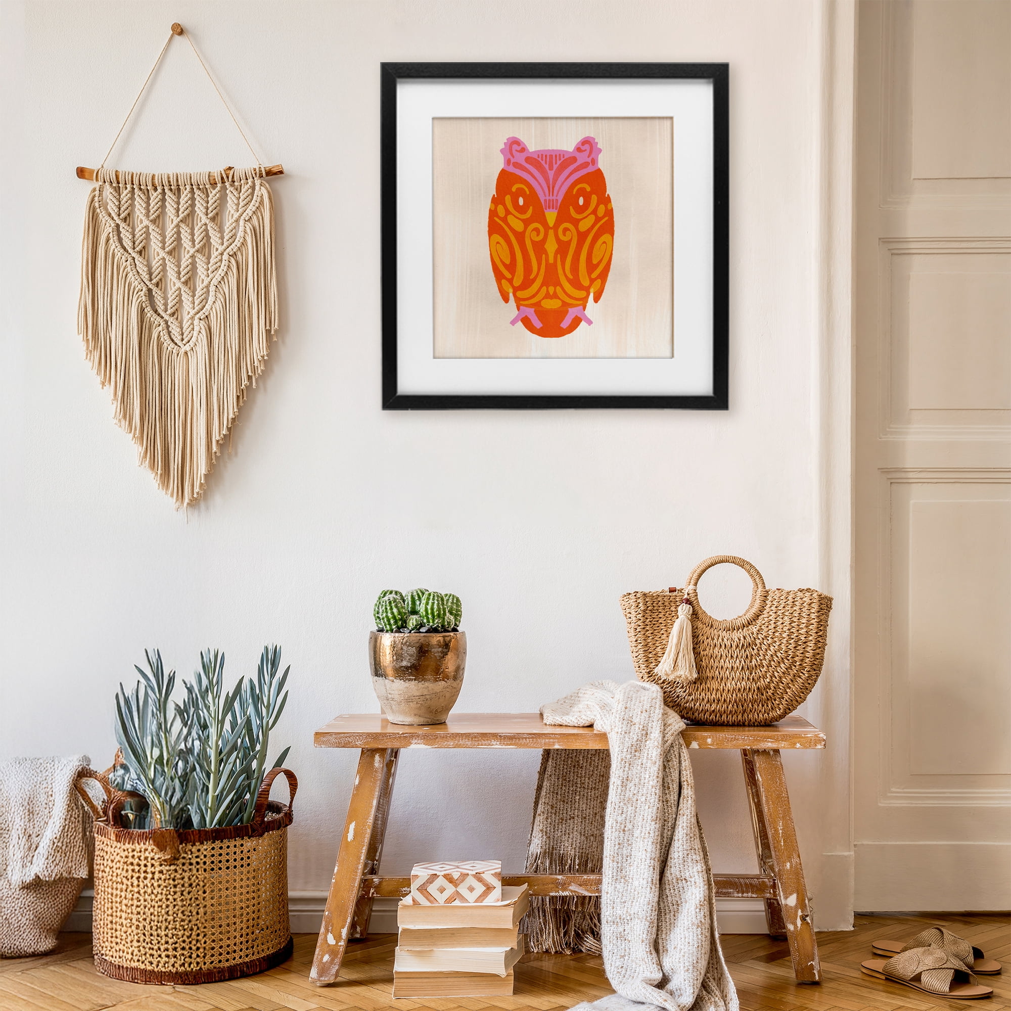 Stupell Industries Vibrant Folk Owl Motif Black Framed Print Under Glass, design by The Paper Curator