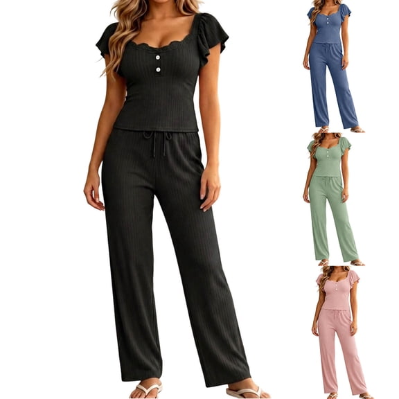 Tqcoqu Women's Lace Trim Pajama Set, Flutter Short Sleeve Button Top & Drawstring Wide Leg Pants, 2 Piece Loungewear Sleepwear