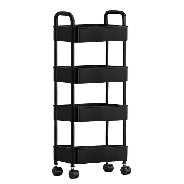 Carrito de cocina de 4 niveles con ruedas, carrito multiusos móvil con reposabrazos y ganchos, organizador negro con ruedas para baño, sala de estar, solución de almacenamiento multiusos.
