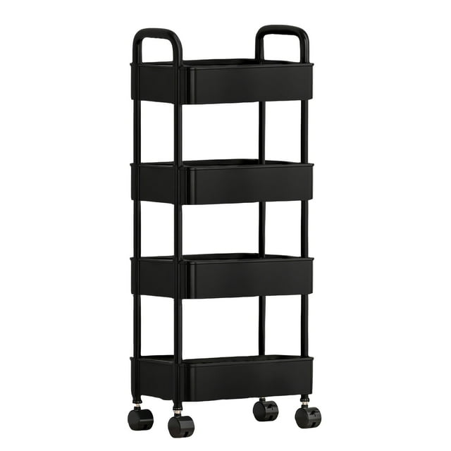 Staron 4 Tier Rolling Cart with Wheels, Plastic Rolling Utility Cart with Handle, Multi-functional Storage Trolley for Office, Living Room, Kitchen, Black Movable Storage Organizer