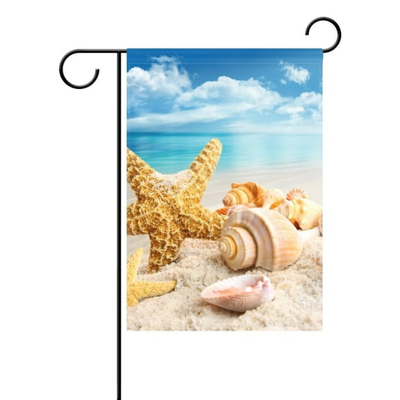 POPCreation Starfish Seashells On The Beach Garden Flag Banner 28x40 Inches Star Stripe American Patriotic Decorative Flag for Wedding Home Outdoor Garden Decor