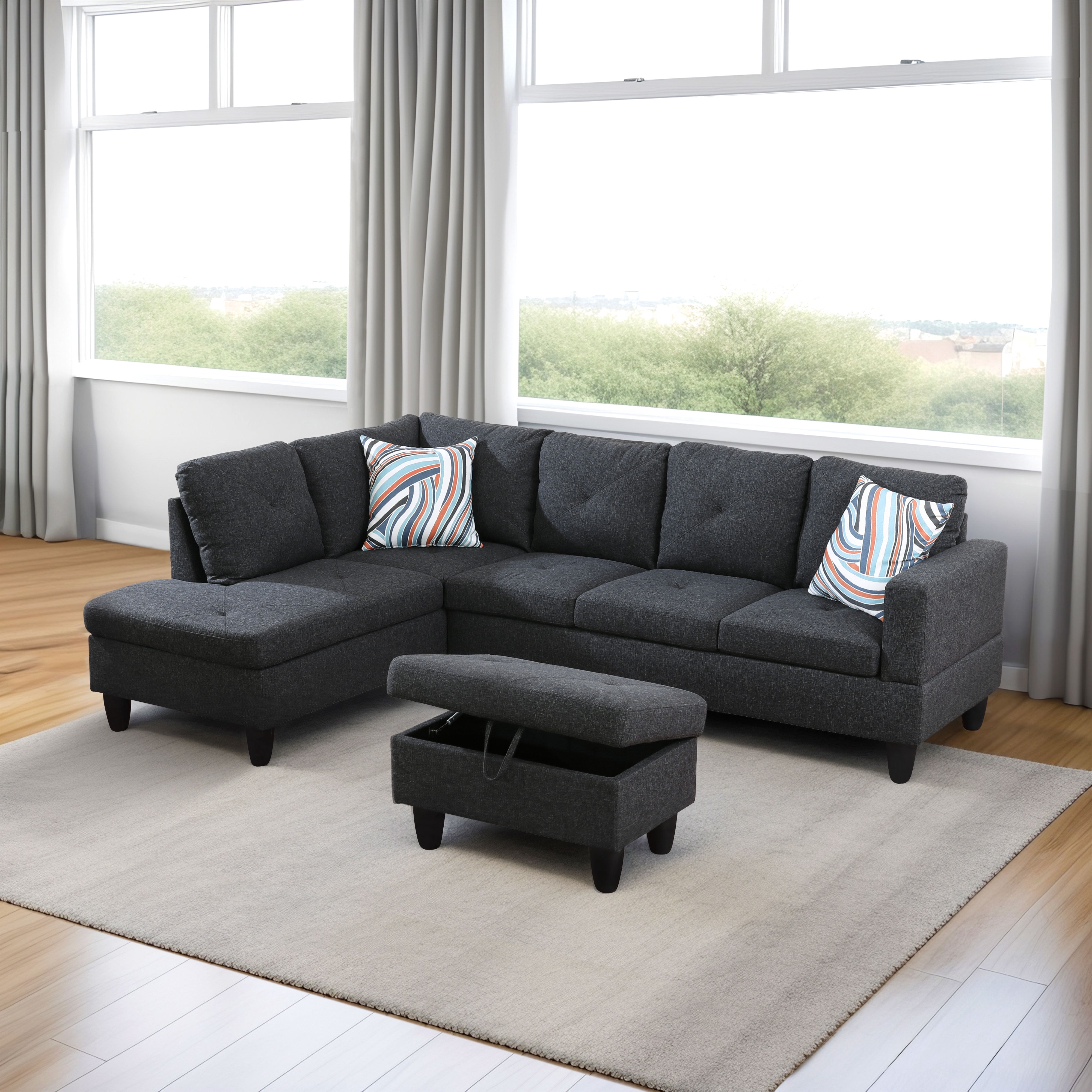 Prilinex L Shaped Couch Sectional Couches with Chaise and Storage Ottoman, 3 Pieces Modern Linen Sofa for Living Room Furniture Sets and Small Apartment ,Dark gray