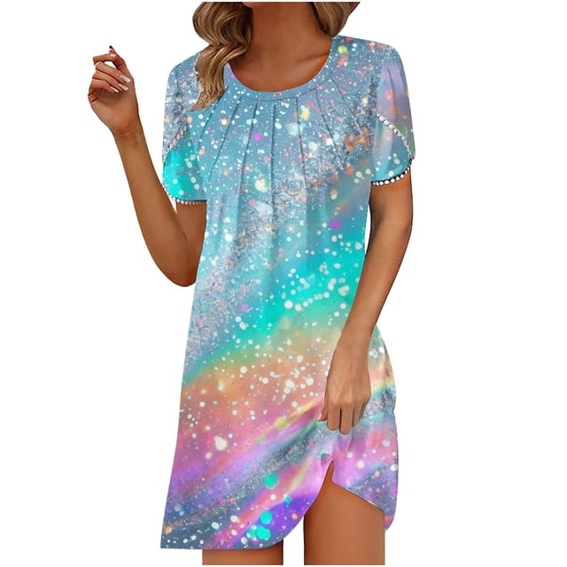 Amzcrzy Robes pour Femmes Robes d'Été pour Femmes Robes pour Femmes Robe d'Été Décontractée à Imprimé pour Femme Plage à Manches Courtes Col Rond Ample Robe Débardeur Robe Grande Taille pour Femmes aux Formes Robe d'Été