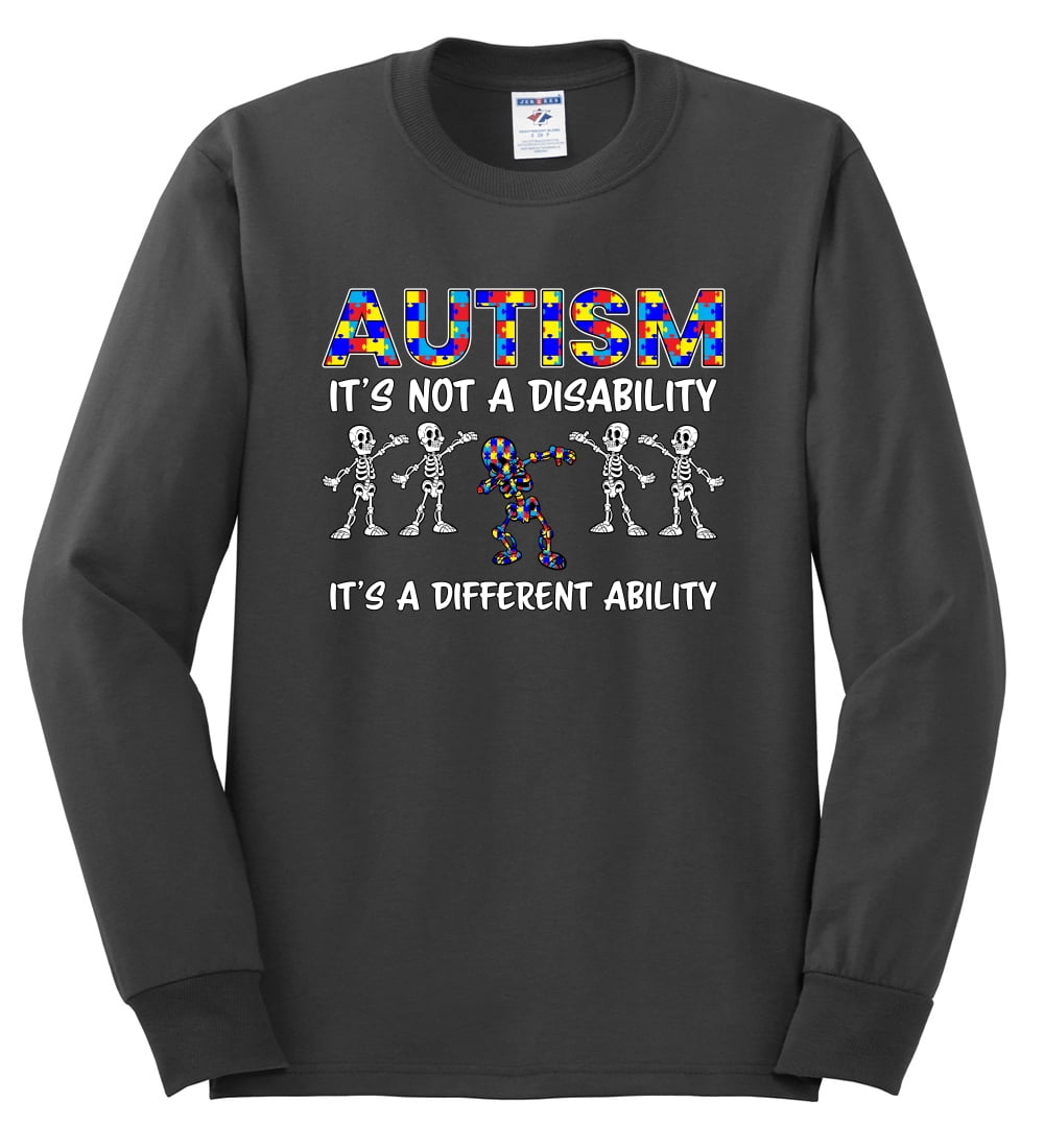 Autism Is Not A Disablity Itâ€™s A Different Abilty | Autism Awareness Dabbing Skeleton Inspirational Christian Mens Long Sleeve Shirt, Charcoal, XX-Large