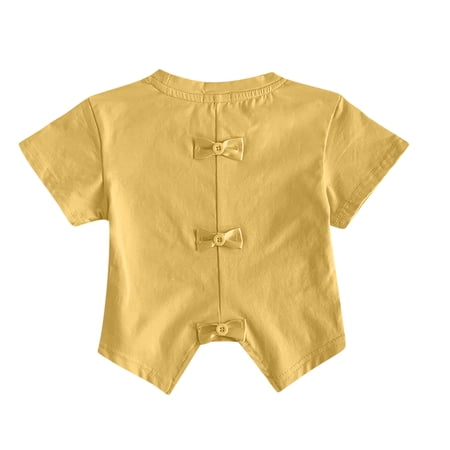 Khunlpohl Girl s Short Sleeve Shirt with Bows Cute Fashion Cotton Solid Color Summer Top for Kids 12Months-9Years