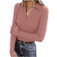 thumbnail image 3 of Aboser V Neck Henley Shirts for Women Dressy Lapel Collar Blouse Long Sleeve Thermal Shirt Cozy Thumb Hole Layering Top Solid Color Casual Basic Tees, 3 of 9