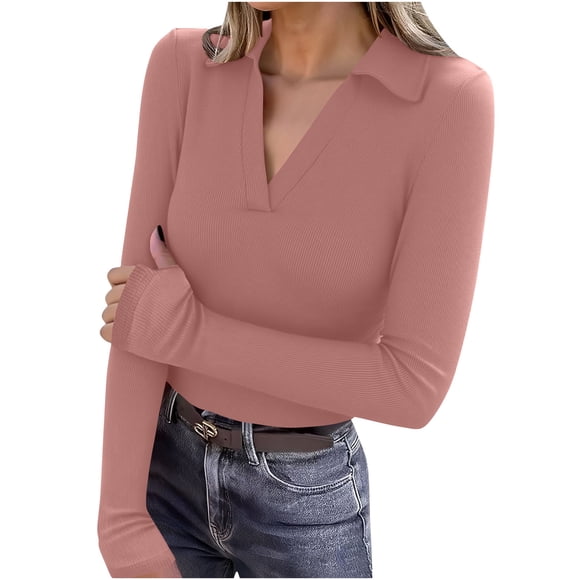 Wyobmus Women's Fleece Lined Thermal Tops Long Sleeve V Neck Basic Shirts Cozy Warm Fitted Undershirt Fall Fashion Clothes with Thumb Holes B-Pink