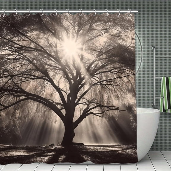 Tree Branches Sunlight Misty Print Shower Curtain,Modern Fabric Waterproof Shower Curtain Set with Hooks,70.8×70.8Inch