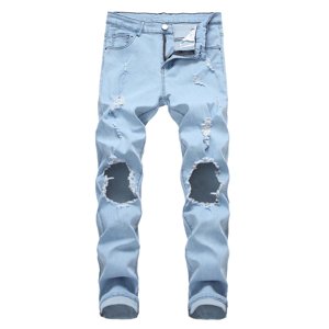 FcBaudy Full Length Pants Men's Casual Cotton Straight Ripped Hole Trousers Jeans Pants Full Length Pants Men Pants