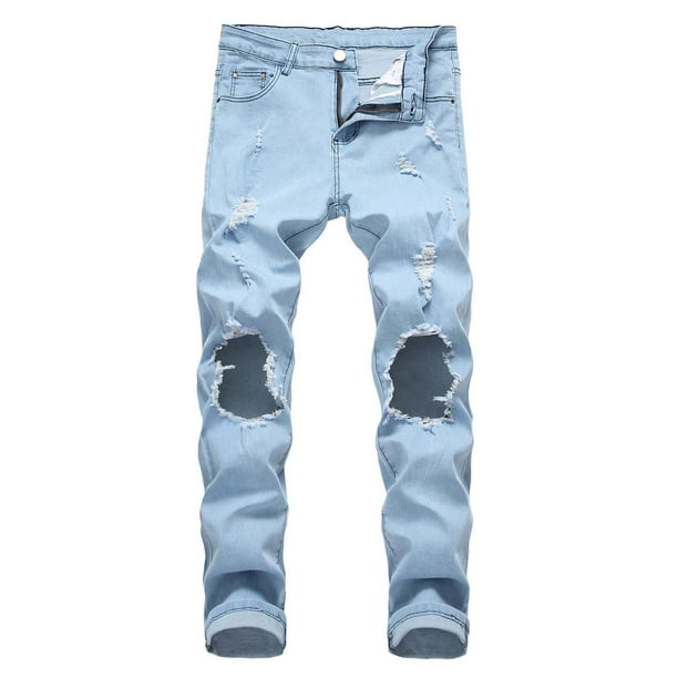 Pantalones vaqueros rectos de algodón con agujeros rasgados para hombre, pantalones casuales, pantalones vaqueros largos, pantalones para hombre