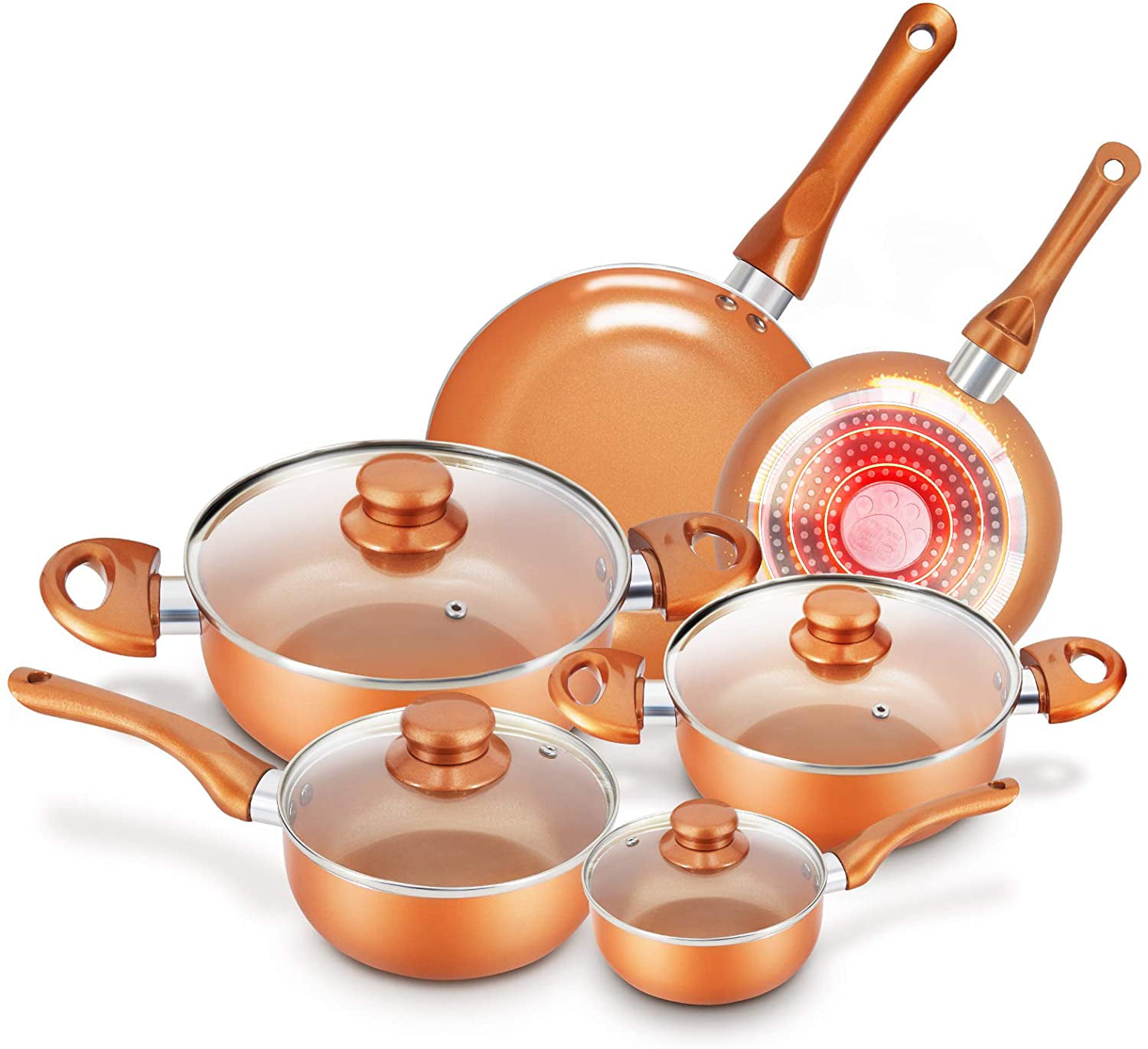 Aluminium Cookware Sets 11 Piece Copper Pan Set Non Stick Aluminium Induction Pots and Pans Set Suitable for Induction Cooker Gas and Electric Hobs Copper