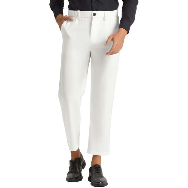 Unique Bargains Men's Business Solid Color Flat Front Slim Fit Cropped Pants White 34