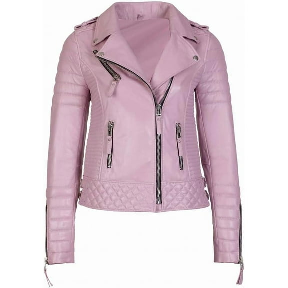 New Women Genuine Lambskin Real Pink Quilted Leather Jacket Ladies Slim Fit Biker Coat W190