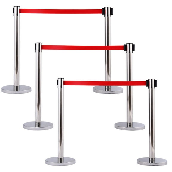 Costway 6Pcs Stanchion Posts Queue Pole Retractable Red Belt Crowd Control Barrier