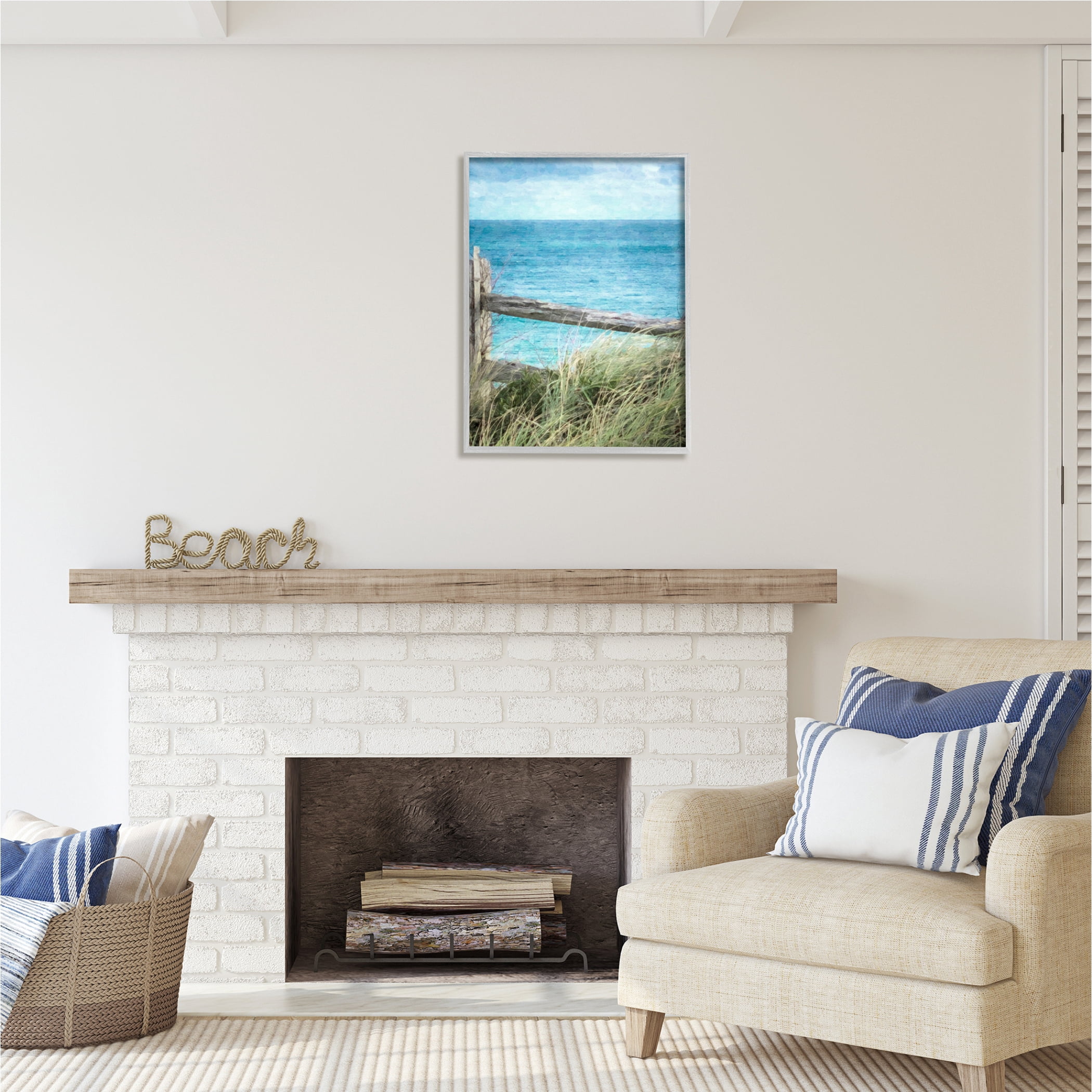 Stupell Industries Waterfront Beach Fence Nature Photography Gray Framed Art Print Wall Art, 24 x 30