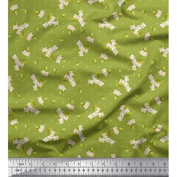 Soimoi Green Crepe Silk Fabric Dot,Leaves & White Flower Floral Fabric Prints By Yard 42 Inch Wide
