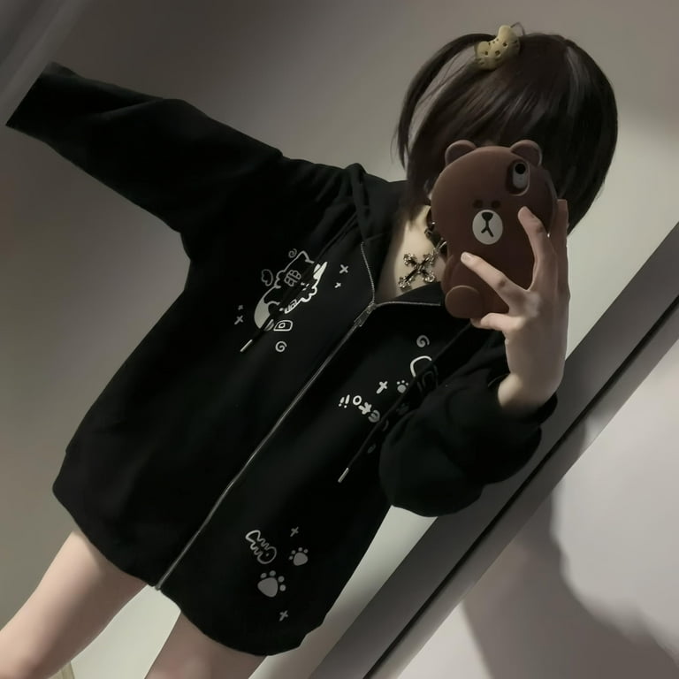 Kawaii Y2K Zip Up Kawaii Graphic Hoodie Women Cute Cat Ears Hrajuku