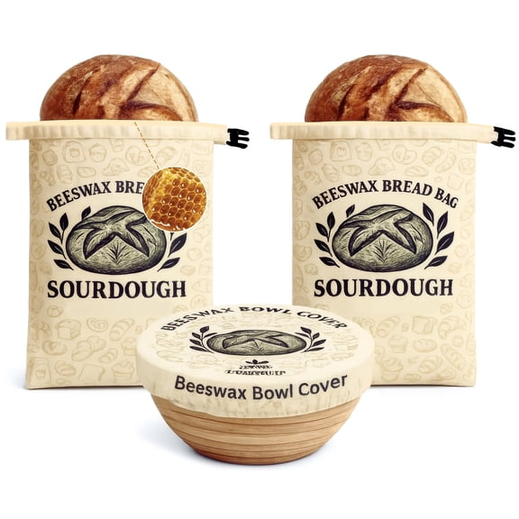 EssPur 2 Pack Reusable Beeswax Bread Bags, Natural Linen Bread Storage Bags for Homemade Bread & Sourdough, Beeswax Lined Bread Keeper with Buckle Closure & Bowl Cover