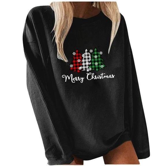 Virmaxy Merry Christmas Shirts for Women Plaid Alphabet Printed Tree Snowflake Patterned Rowdy Stripe Shirt Long Sleeve Round Neck Pullover Top Black-A XL