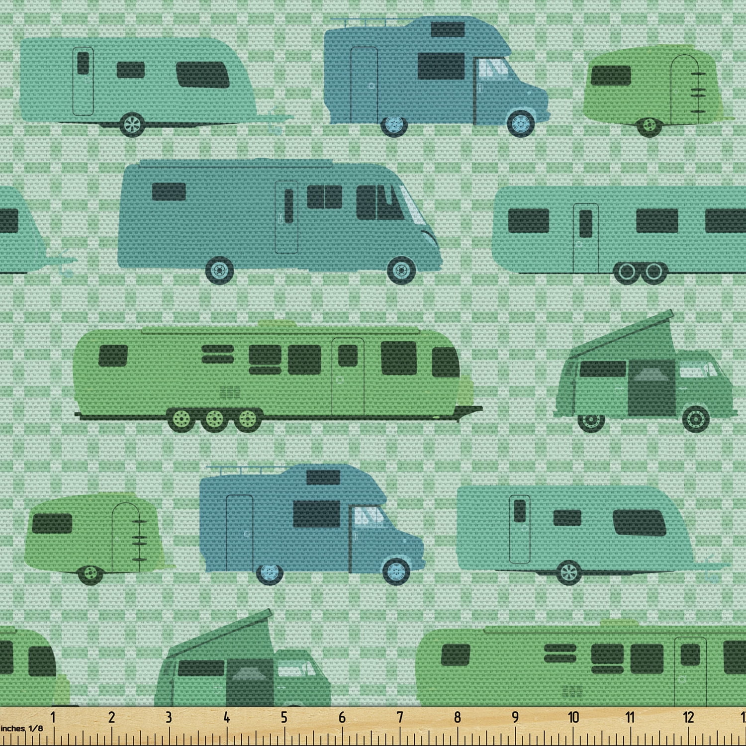 Camper Fabric by the Yard Upholstery, Grid Style Squares Background ...