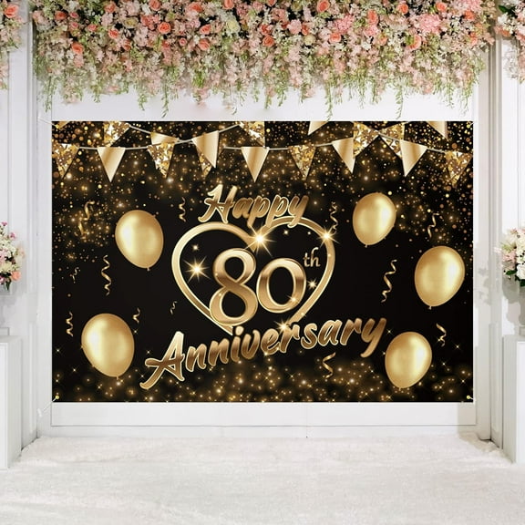 Happy 80th Anniversary Backdrop Banner Decor Black Gold Love Heart Happy 80 Years Wedding Anniversary Party Theme Decorations for Women Men Supplies