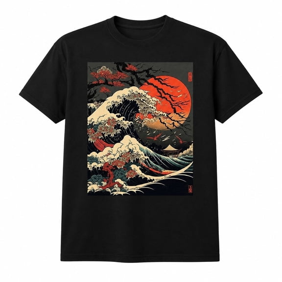 Japanese Wave Sunset Graphic T-Shirt, Unisex Classic Fit Crewneck Tee