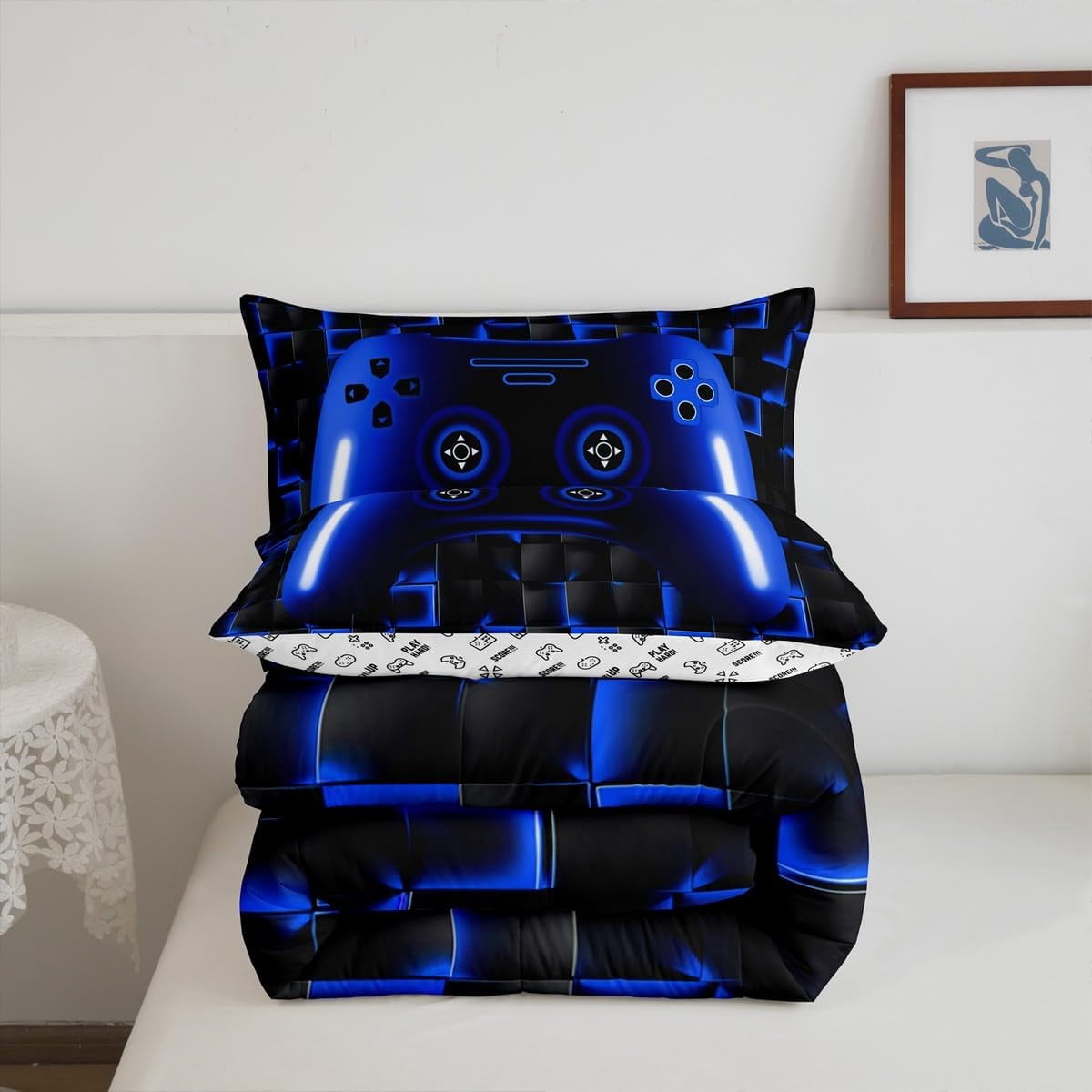 Gaming Full Size Comforter Sets Teen Game Controller Bedding Set 3Pcs Gamer Comforter For All Season,Blue And Black Geometric Checkered Quilt Set For Young Men,Soft Lightweight