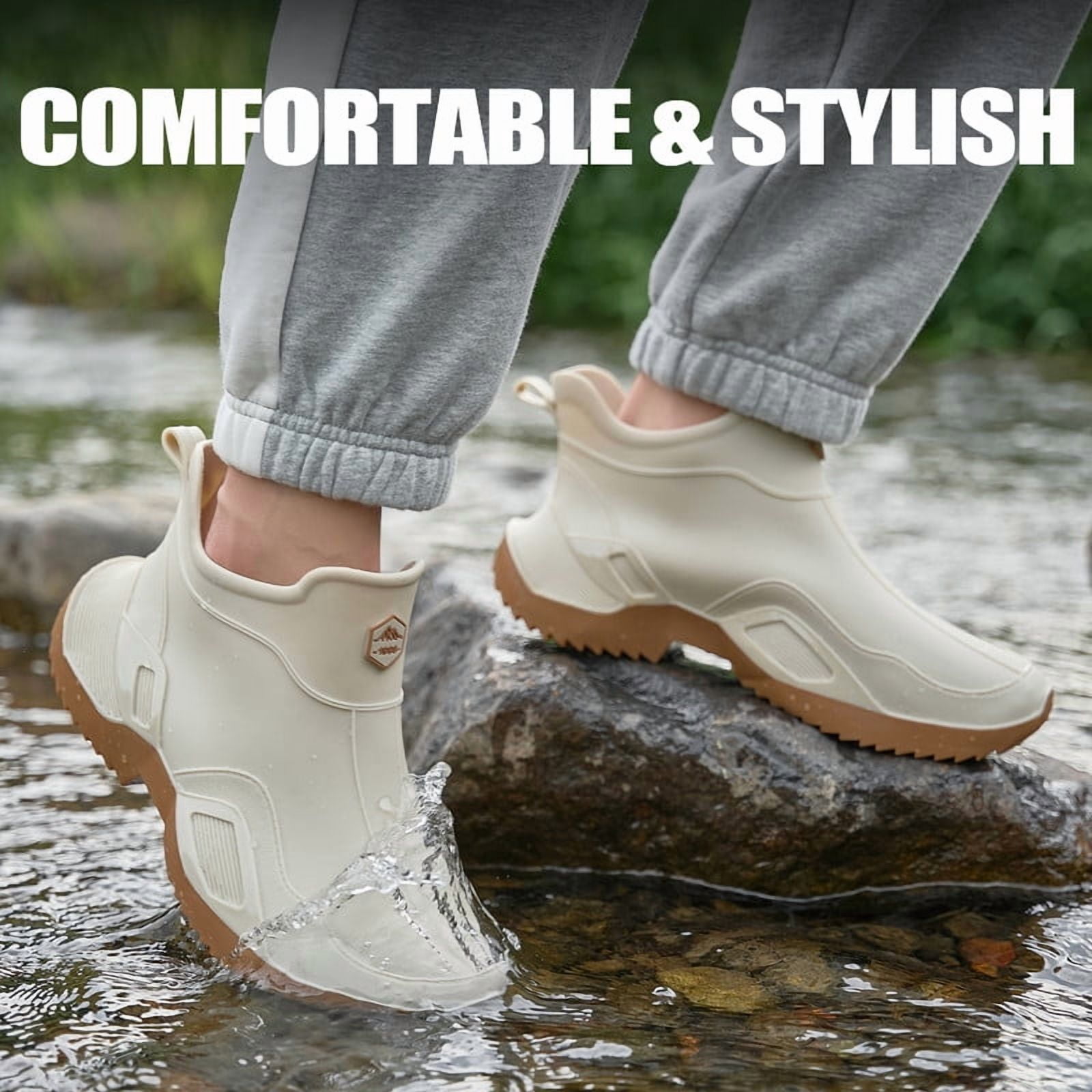 LAoutun Short rain boots women waterproof boots ankle Camping boots garden Boating white brown