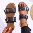 thumbnail image 6 of Womens Flat Slide Sandals Dark Blue Two Band Adjustable Buckle Faux Faux Leather Casual Summer Beach Shoes,Size 9, 6 of 9