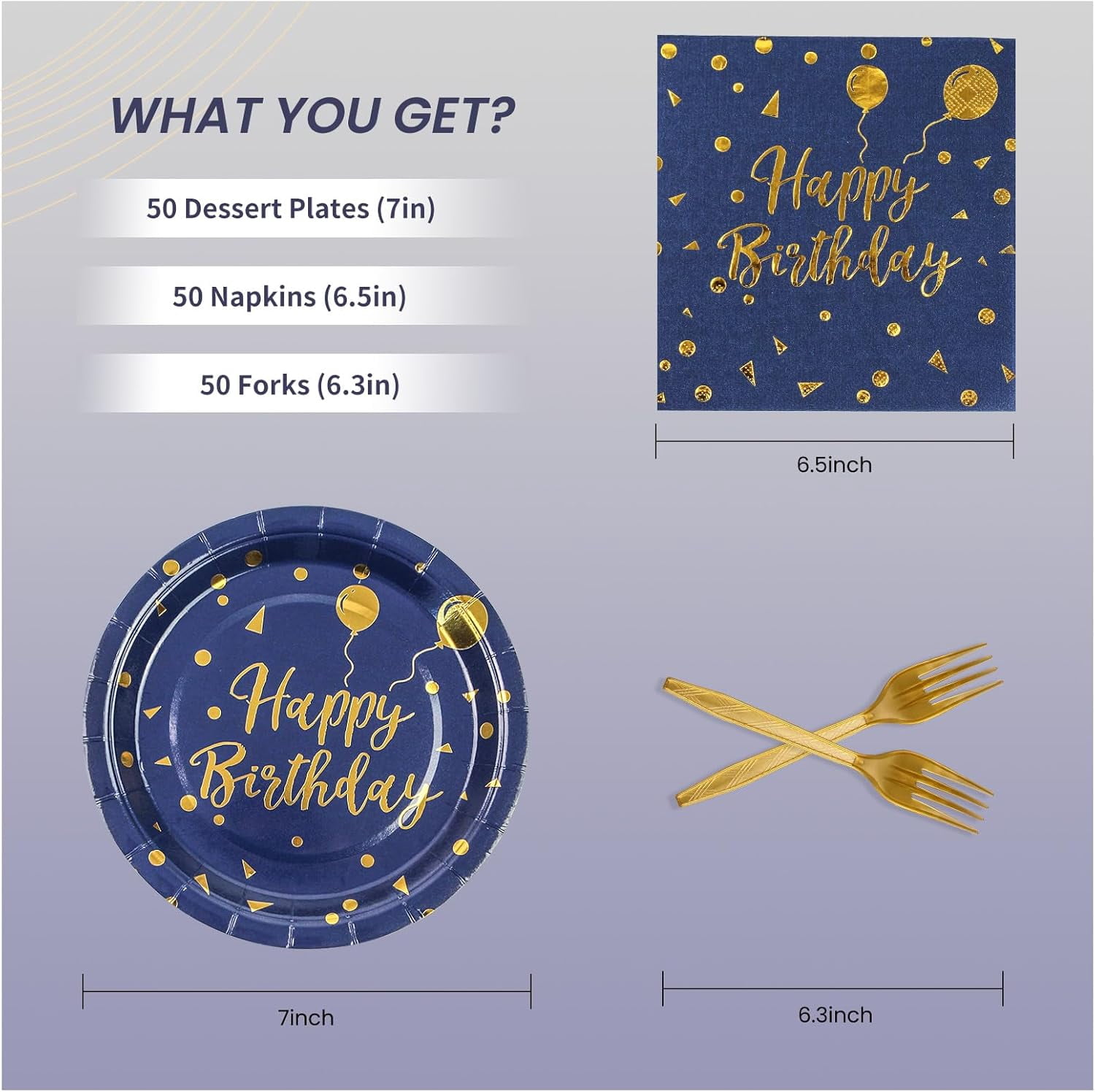 150PCS Happy Birthday Paper Plates and Napkins - 7 Inch Deep Blue Gold Dot Paper Plates and 6.5 Inch Napkins with 6.3 Inch Gold Forks Disposable Tableware Set for Birthday Party Decorations, Serves50