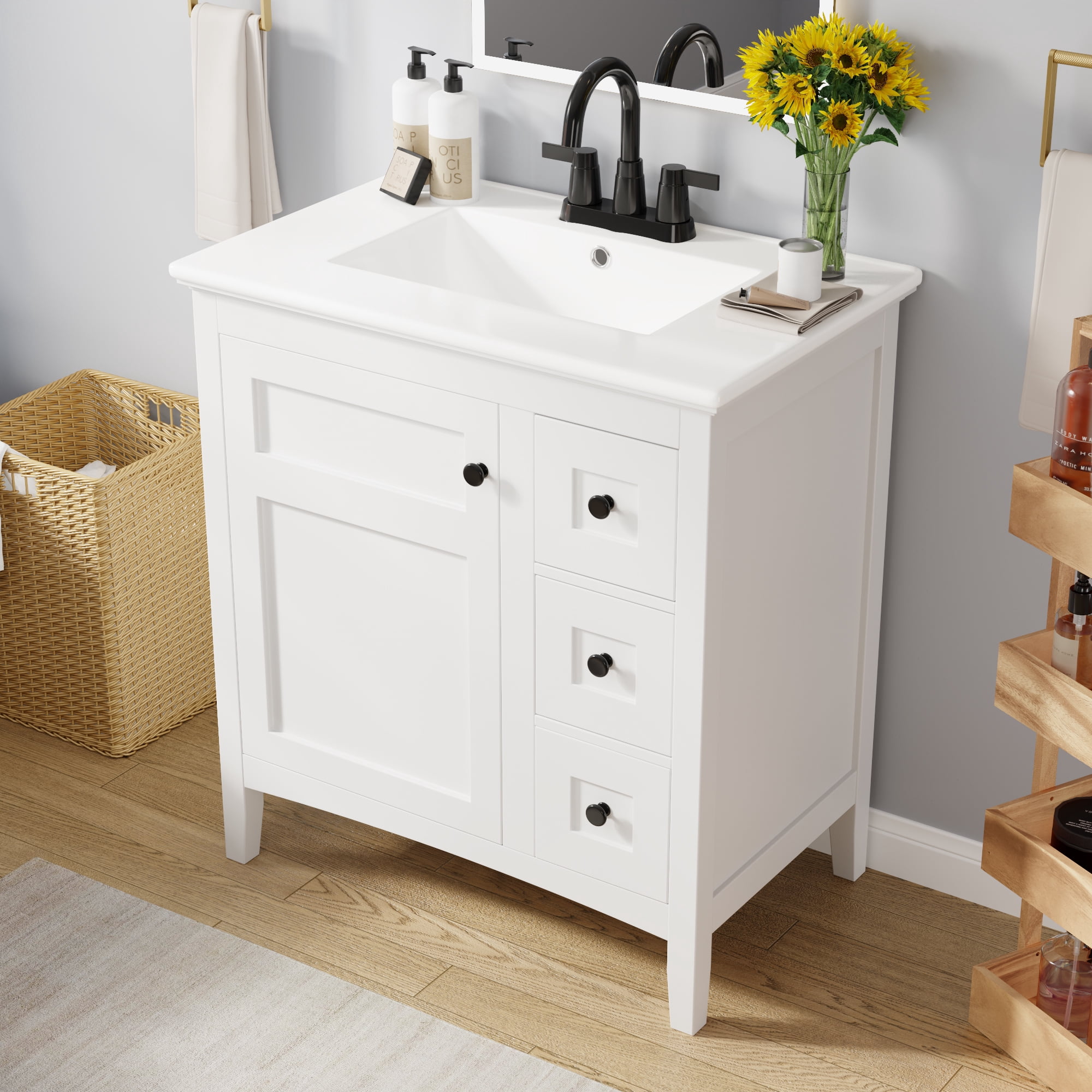 Euroco 30 Inch Bathroom Vanity with Ceramic Sink, White Bathroom with 3 Drawers, Solid Wood Frame Modern Bathroom Storage Cabinet , Ideal for Home