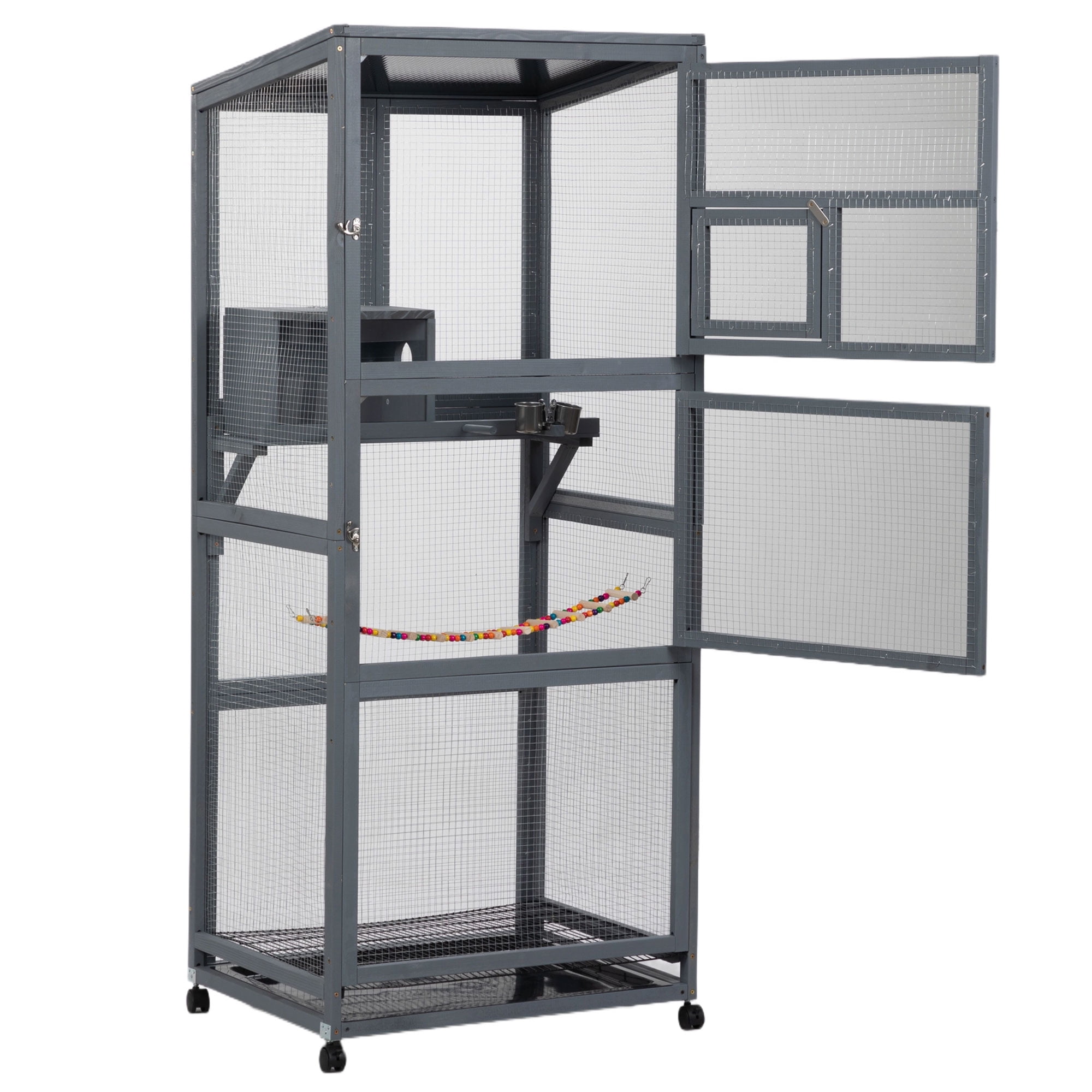 Kadyn 68" Outdoor Large Bird Cage with Universal Wheels, Wood Bird Aviaries Flight Cage Indoor Bird Habitats for Habitat for Parakeets, Lovebirds, Canaries, Gray