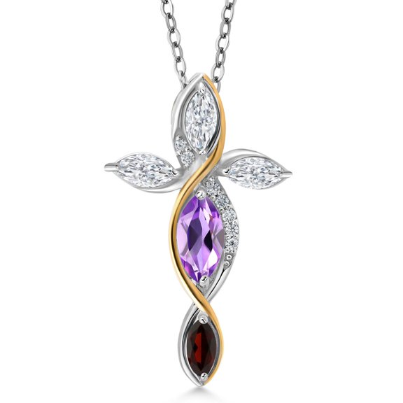 Cross Necklace for Women in 925 Silver and 10K Yellow Gold with Amethyst and White Moissanite and Red Garnet | 1.28 Cttw | Jesus Christian Religious Crucifix | Marquise 8X4MM | With 18 inch Chain