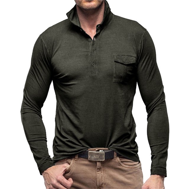 Cotton Golf Shirts for Men with Pocket Long Sleeve T-Shirts Mens Casual Solid Color Pullover Slim-Fit Button Collared Basic Athletic Workout Tees Tops