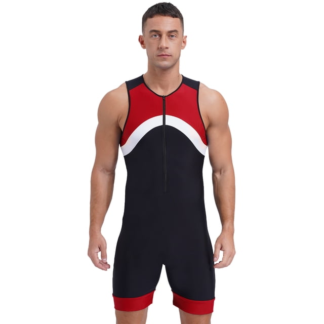 Sxiwei Men's Sun Protection Jumpsuit Sleeveless Rash Guard Zipper Bodysuit Swimwear Surfing Bathing Red 3XL
