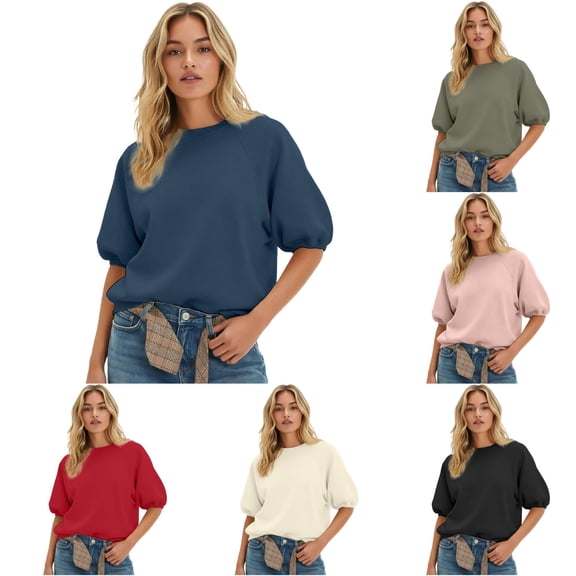 Jane Wardrobe Raglan Puff Half Sleeve Crewneck Sweatshirt Women's Oversized Cotton Feel Spring Layering Top 1PC S-XXXL Plus Size Friendly