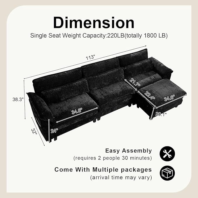Howcool 113" Modular Sectional Sofa , 3 Seater L-Shaped Cloud Couch with Movable Ottoman, USB Charging Ports & Side Pockets, Sectional couchs for Living Room,Chenille Fabric,Black